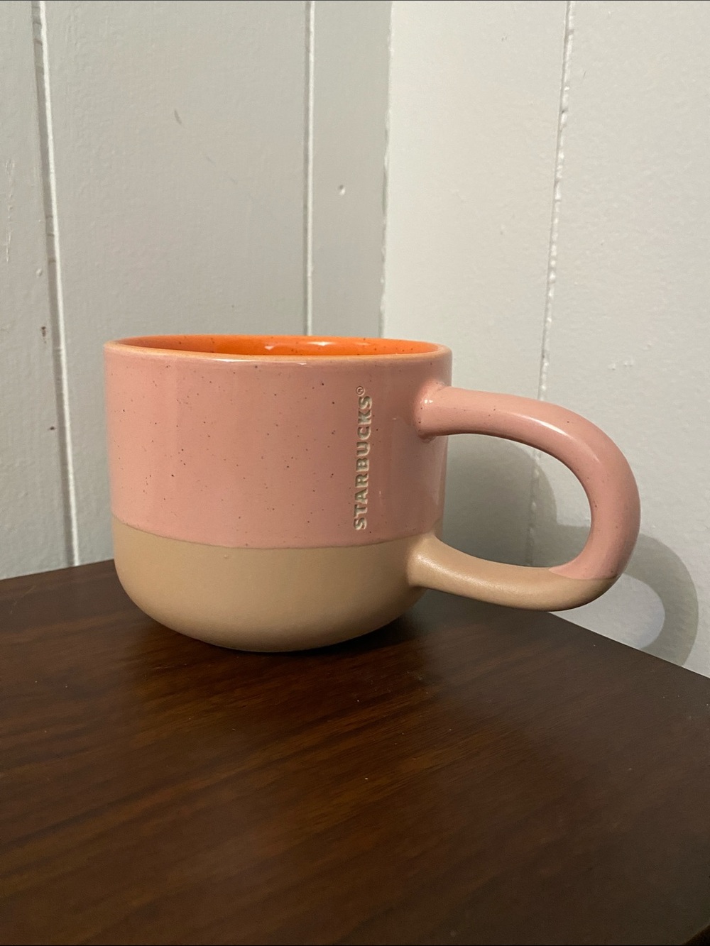 Starbucks Pink and Tan Two-Tone Ceramic Mug with Orange Interior